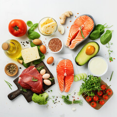 top view, light background, 10 foods on meal plan for Keto meal plan for lunch