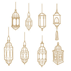 Ramadan lantern set. Gold flat design of ramadan lantern. Traditional culture of muslim and arabic lantern. Ramadan decoration flat lantern. - obrazy, fototapety, plakaty