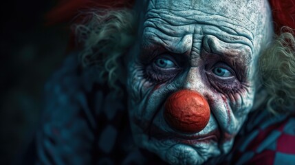 Close-up portrait of a scary clown with red nose. Horror movie