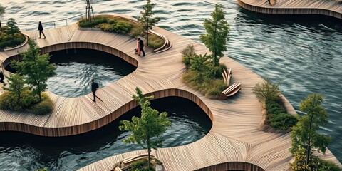 Modern wooden waterfront concept, organic shapes, biodegradable materials, trees and benches - obrazy, fototapety, plakaty