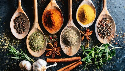 multi spices in spoons on a table, herbs for cooking