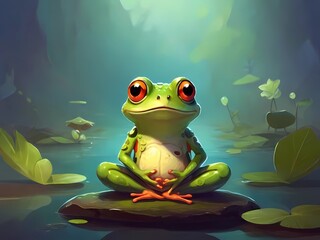 Cute frog meditating on childish cartoon