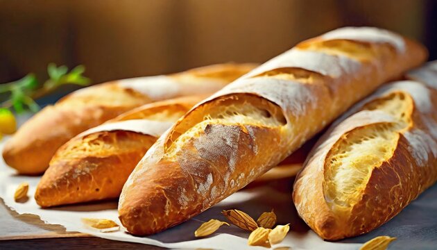 Close up Photo of Fresh French baguettes on a white, dark background, Baked to Perfect