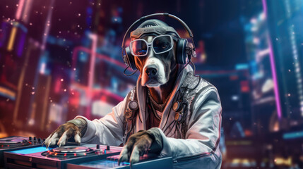 A futuristic robotic dog DJ,  blending electronic beats at a sci-fi-themed dance event - obrazy, fototapety, plakaty