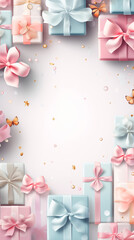 frame with space for text, pastel colors, gifts packed with pink and blue bows, festive atmosphere, hearts, sweets, cakes, vertical format