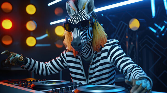 A funky zebra DJ with stripes matching the dance floor,  mixing wild rhythms