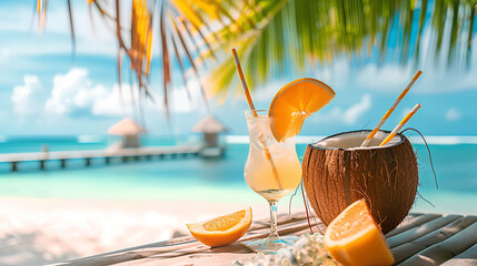Cocktail in a coconut with straws and decor on the table, the ocean and a palm tree are in the background  © assia