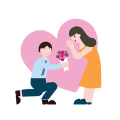 A man kneeling and giving the flower bouquet for a woman with love.