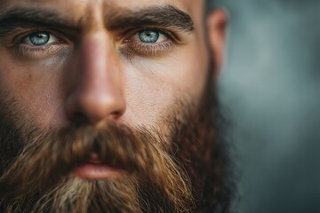 Close up portrait of a young bearded confident Caucasian blue eyed man looking at the camera