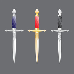 Realistic silver, gold, stylized black and white daggers. Set of isolated vector illustrations
