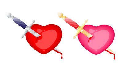 Heart pierced with a dagger in red and pink colors. Set of isolated vector illustrations for Valentine's day