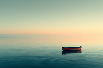 Red and White Boat on Tranquil Sea at Sunset
