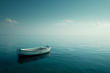 Naklejka premium Lone White Boat on Vast Calm Sea 
