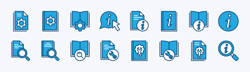 Manual instruction book icon set. User guide book icons. Containing information, guide, reference, help and support. Vector illustration - obrazy, fototapety, plakaty