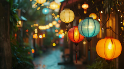 Evening ambiance with colorful street lanterns