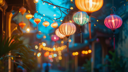 Evening ambiance with colorful street lanterns