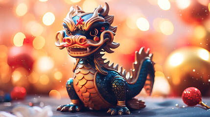 Fototapeta premium Banner with small cute dragon with bokeh background for Christmas. Chinese New Year decoration close up of dancing dragon on festive background