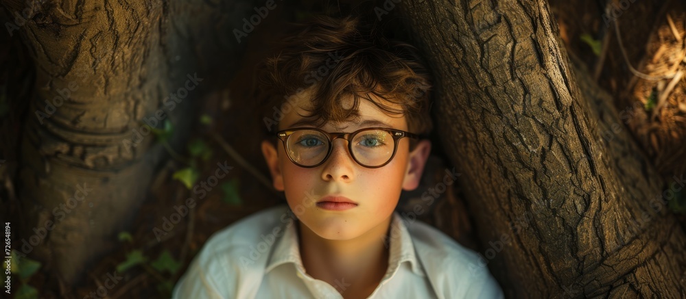 Wall mural Nerdy boy, wearing glasses, posed against a tree backdrop.