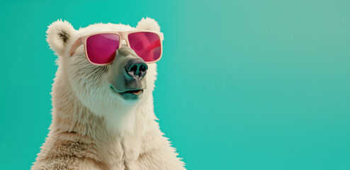 A fierce polar bear flaunts its fashion-forward side with a pair of vibrant pink sunglasses, adding a playful touch to its majestic fur and adventurous outdoor spirit - obrazy, fototapety, plakaty