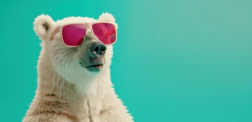Fototapeten A fierce polar bear flaunts its fashion-forward side with a pair of vibrant pink sunglasses, adding a playful touch to its majestic fur and adventurous outdoor spirit © mendor