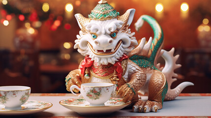 Banner with small cute dragon with bokeh background for Christmas. Chinese New Year decoration close up of dancing dragon on festive background