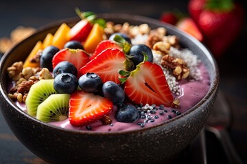 Close-up view of a colorful smoothie bowl topped with granola, chia seeds, and berries, shot with a macro lens to highlight the vibrant textures and wholesome ingredients.