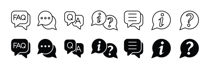FAQ thin line icon set. Frequently asked questions icon. Help, message, speech bubble, Q and A, question and answer, and information symbol for app and website. Vector illustration