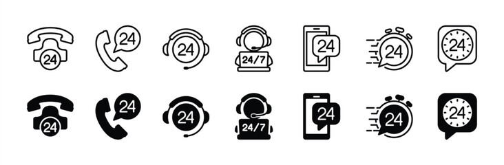 24 hours thin line icon set. Customer service and support 24 hours a week icons. Containing assistance, help, operator, fast response, call center and technical support. Vector illustration
