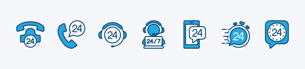 24 hours icon set. Customer service and support 24 hours a week icons. Containing assistance, help, operator, fast response, call center and technical support. Vector illustration - obrazy, fototapety, plakaty