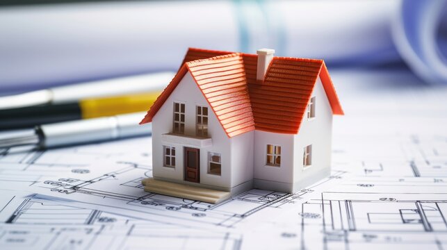 In an architect workshop, a detailed house replica, blending digital schematics. The model showcases a meticulous blend of digital innovation and hands-on craftsmanship