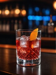 Photo Of Alcoholic Negroni Cocktail On The Bar Counter In The Night Club