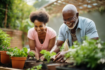 Multiracial married middle aged couple planting herbs at the backyard