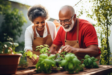 Multiracial married middle aged couple planting herbs at the backyard