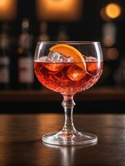 Photo Of Glass Of Negroni Vermouth Campari Drink On Bar And Bar View