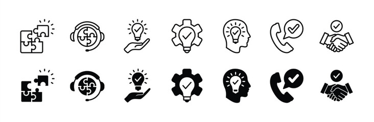 Creative business solutions thin line icon set. Containing innovation, resolve, answer, idea, creativity, problem-solving, call service support, thinking. Vector illustration
