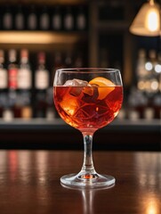 Photo Of Glass Of Negroni Vermouth Campari Drink On Bar And Bar View