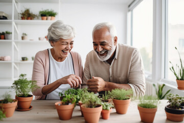 Multiracial married senior mature couple planting herbs in living room
