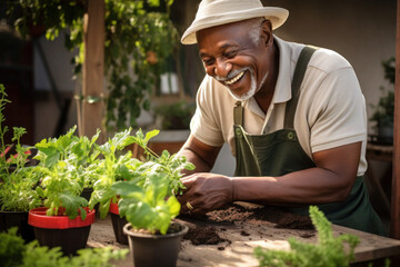 African senior man planting herbs at the backyard - obrazy, fototapety, plakaty