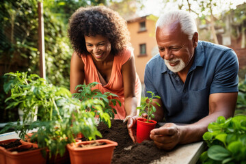 Naklejka na ściany i meble Multiracial married middle aged couple planting herbs at the backyard
