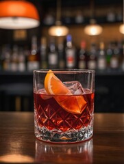 Photo Of Glass Of Negroni Vermouth Campari Drink On Bar And Bar View