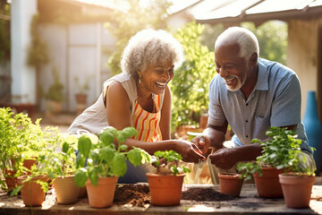 Multiracial married middle aged couple planting herbs at the backyard