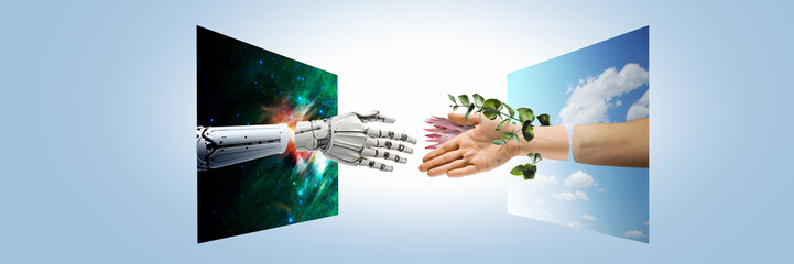 Real and artificial, fantastic words meet. Hands appearing form monitors, human hand shaking 3D...