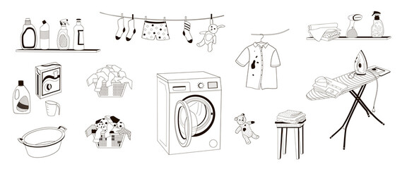set elements about laundry and ironing at home, washing machine, dirty laundry basket, ironing board, iron, detergents, clothes black and white vector illustration