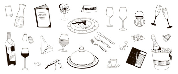 set elements about restaurant service, menu, plate, wine glasses, credit card, cutlery, black and white vector illustration