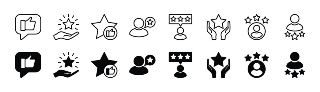 Satisfaction and customer experience thin line icon set. Containing feedback, rating, reviews, happiness, recommend, response, testimonials, support. Vector illustration