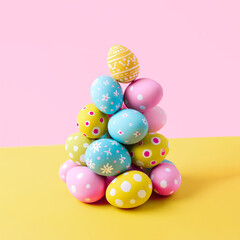 Fototapeta na wymiar Group of pastel-coloured Easter eggs piled up together on flat background.