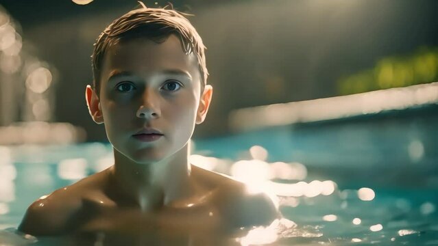 A boy swimming in a blue sports pool, the rays of the sun falling from the windows illuminate the reflections on the water and drops on the child's skin. Generative AI