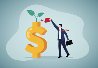 Man watering dollar sign plant as investment concept. Money growth, investment profit growth or retirement pension fund, increase in wealth and income. - obrazy, fototapety, plakaty
