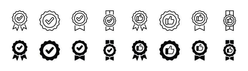 Approved or certified badge medal icon set. Approval check mark and thumb up on medal. Containing quality, brand, stamp, inspector checking, award, reward, winner, prize. Vector illustration © Vilogsign