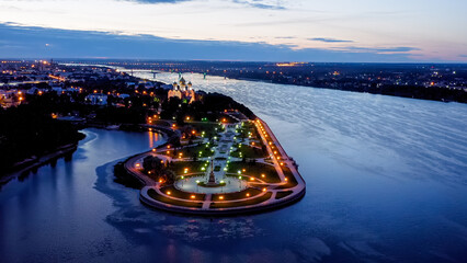 Yaroslavl, Russia. Strelka (Spit), Kotorosl flows into the Volga River. City lights after sunset,...